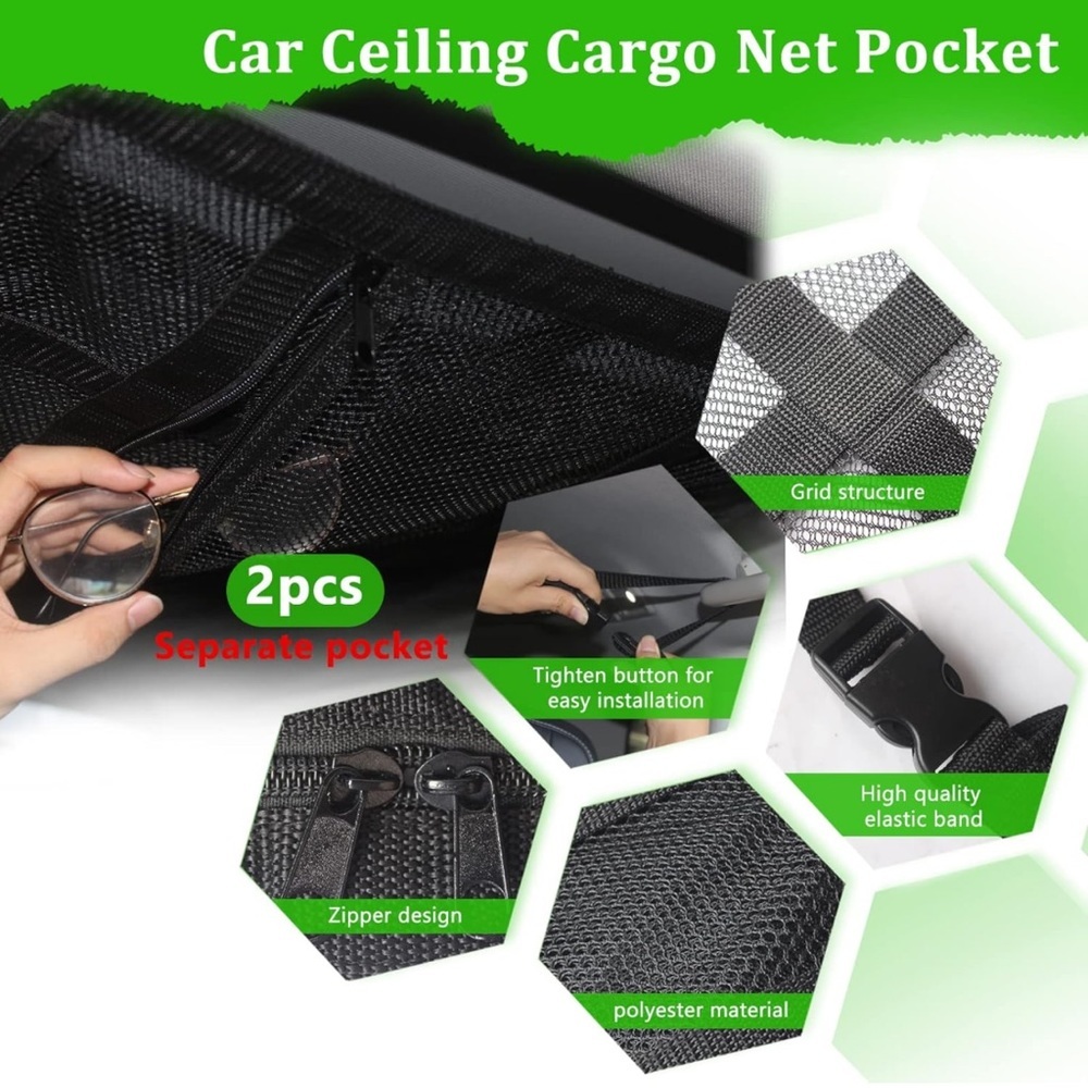 Car Ceiling Cargo Net Pocket 36.7X 26.5in Large Size with 3 Zipper Storage Bags - Picture 5 of 7